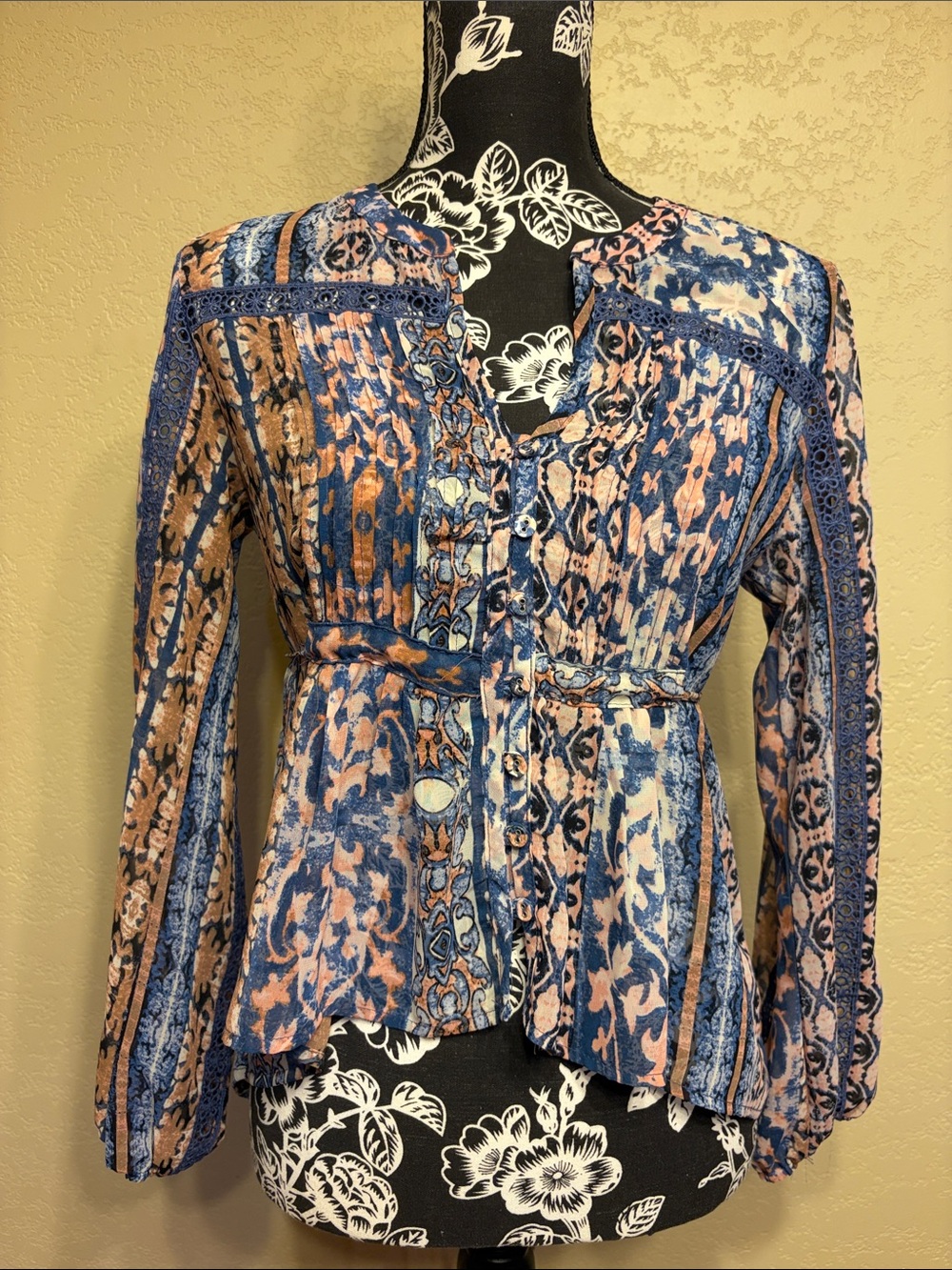 American Rag Blue and Peach Printed Button-Front Blouse